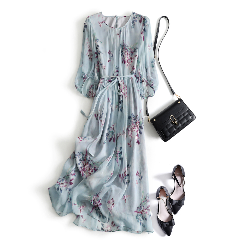 夏季印花桑蠶絲氣質連衣裙