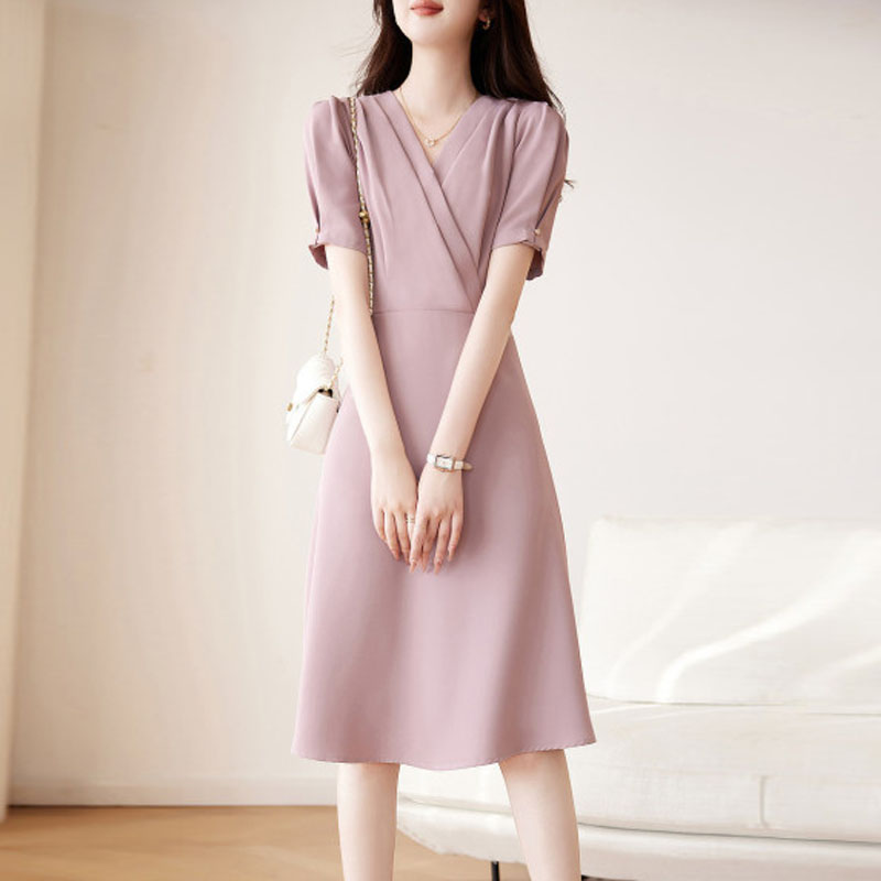 氣質優雅V領交襟短袖連身裙