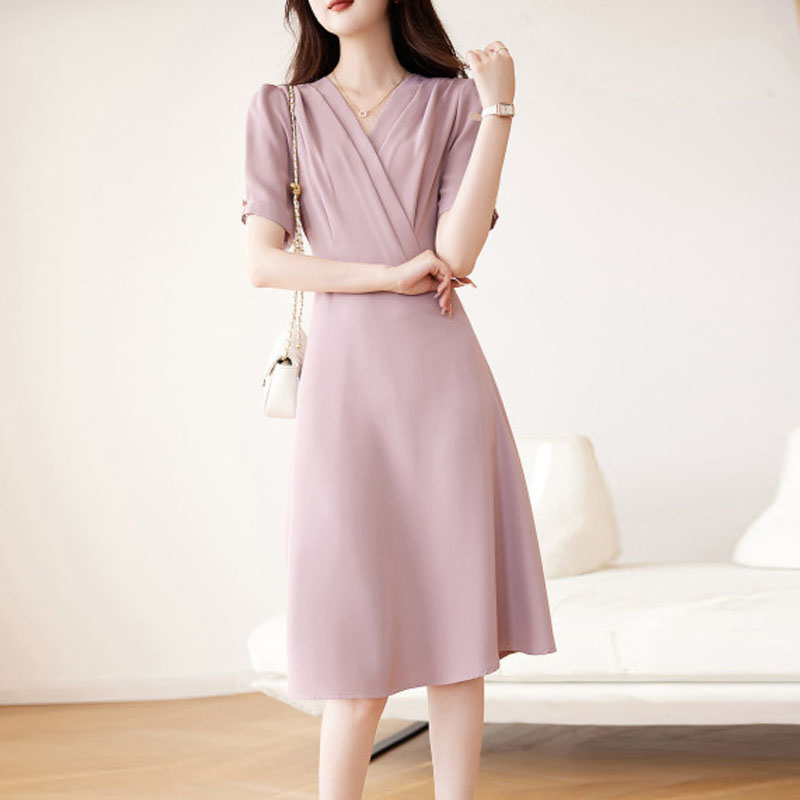 氣質優雅V領交襟短袖連身裙