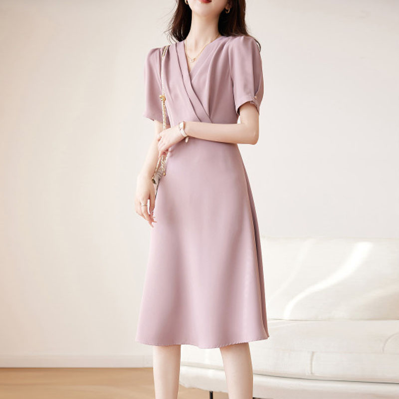 氣質優雅V領交襟短袖連身裙