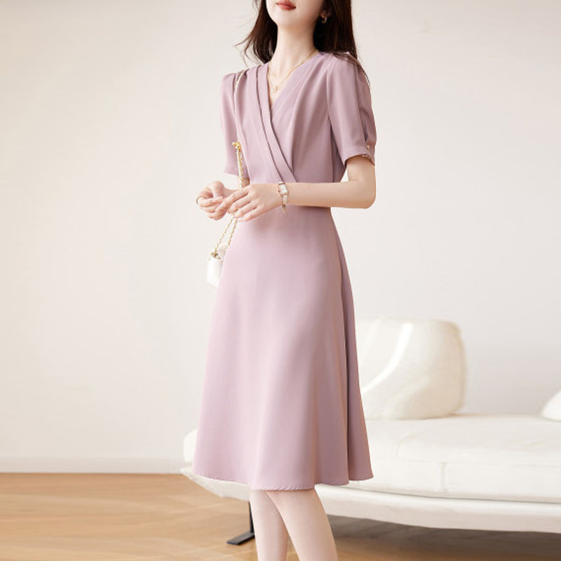 氣質優雅V領交襟短袖連身裙