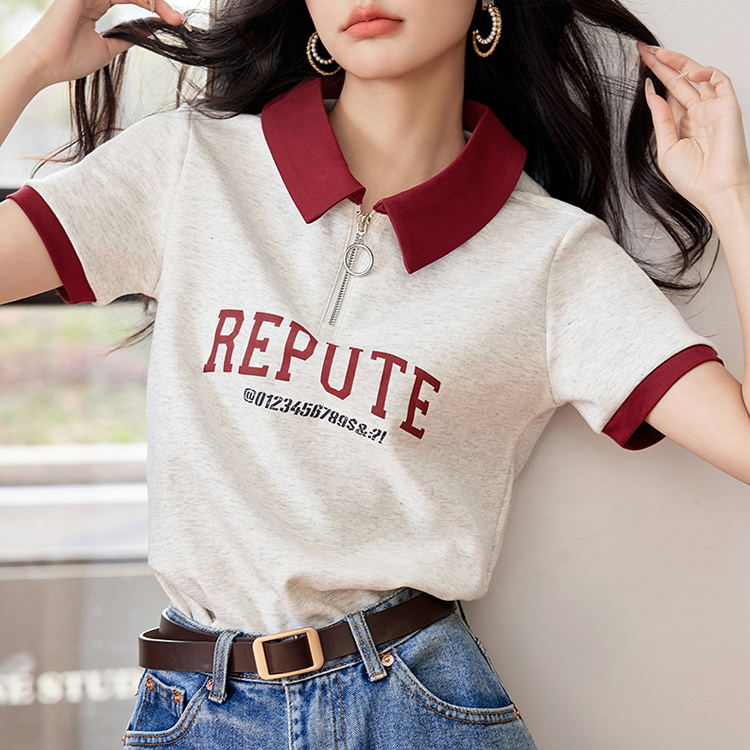 夏季減齡半拉鏈撞色polo領T恤