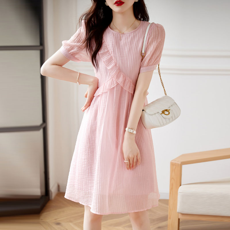 氣質溫柔風純色圓領連身裙