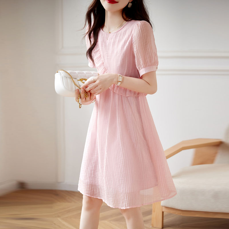 氣質溫柔風純色圓領連身裙