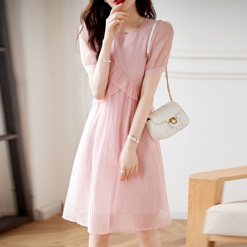 氣質溫柔風純色圓領連身裙