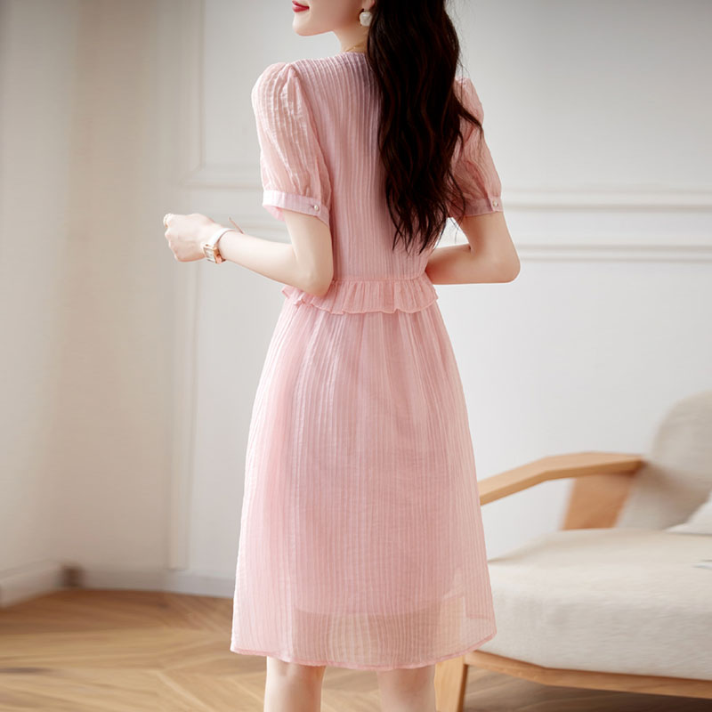 氣質溫柔風純色圓領連身裙
