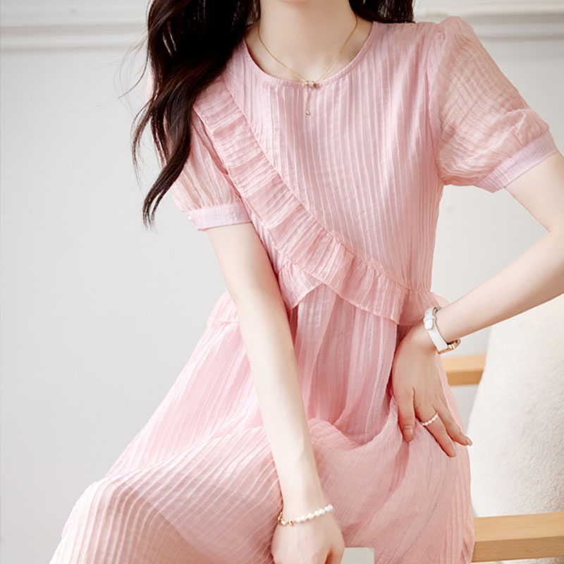 氣質溫柔風純色圓領連身裙