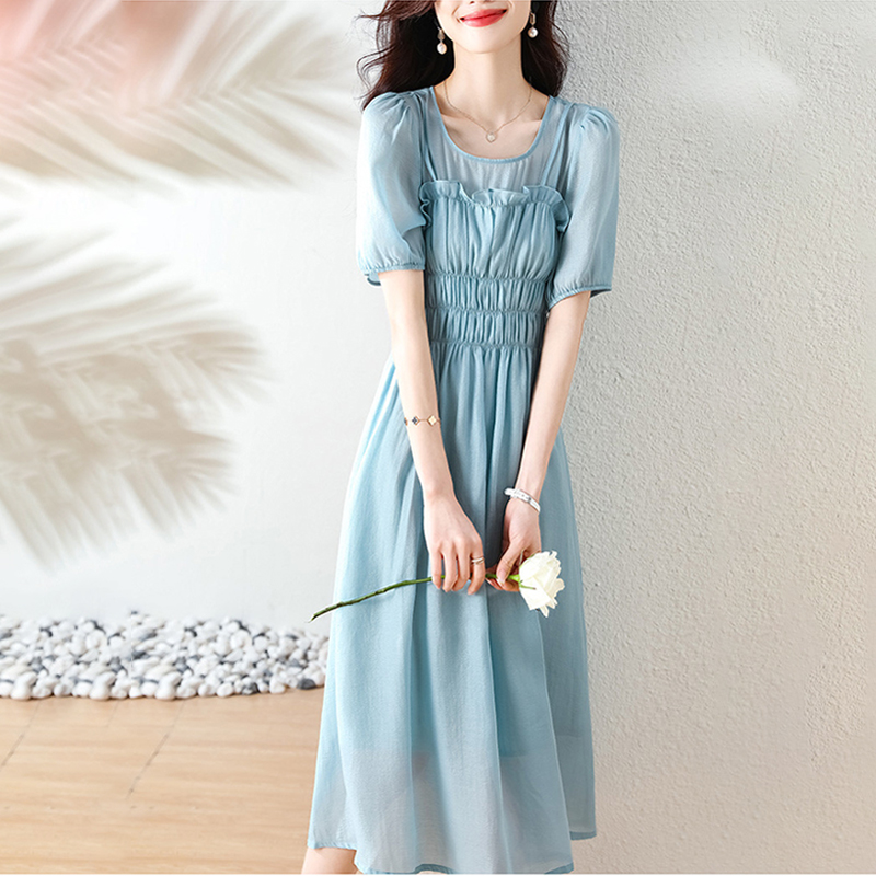 休閑純色假兩件荷葉邊圓領連身裙