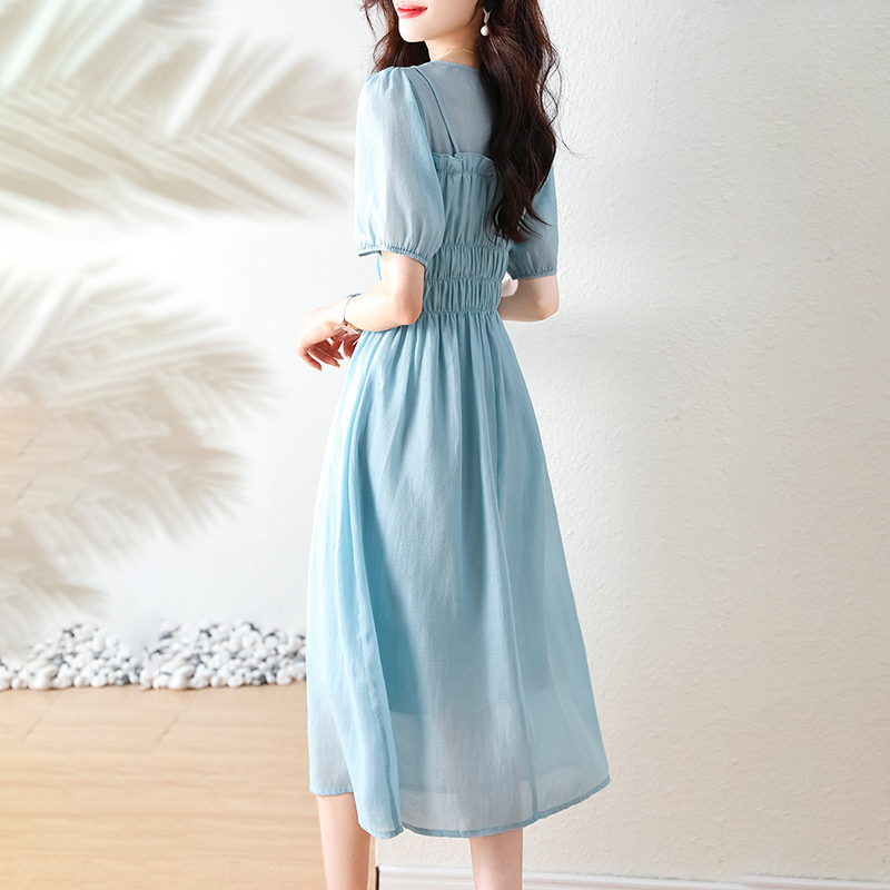 休閑純色假兩件荷葉邊圓領連身裙