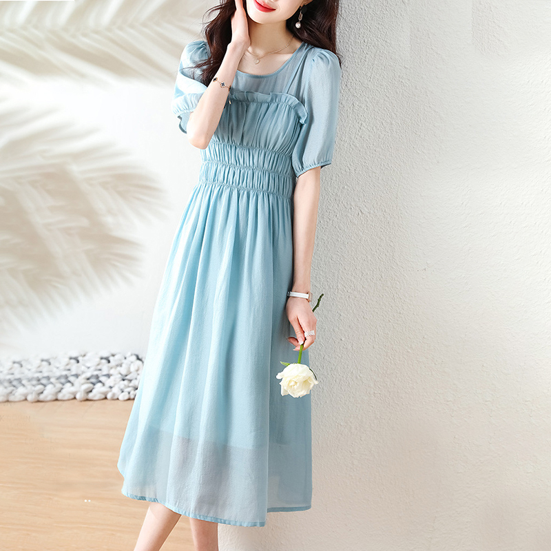 休閑純色假兩件荷葉邊圓領連身裙