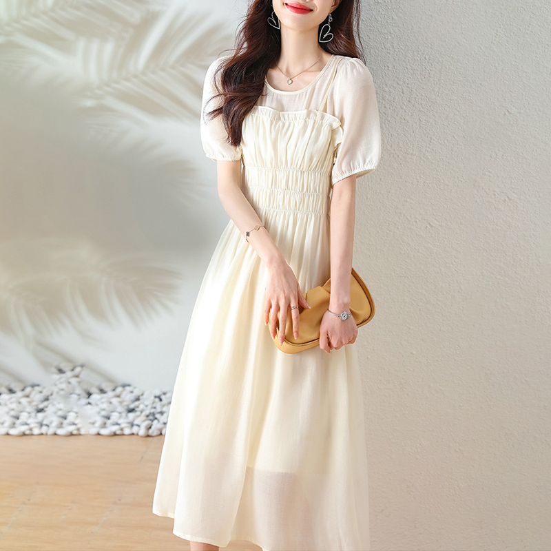 休閑純色假兩件荷葉邊圓領連身裙