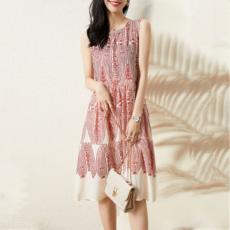 清新復古腰果印花絲綿無袖連身裙