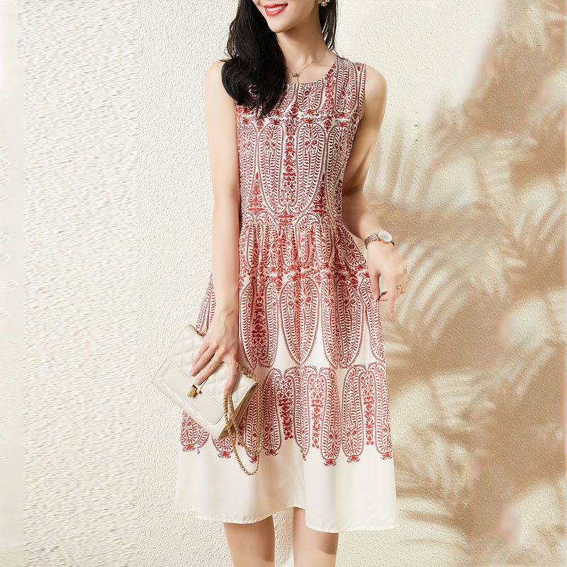 清新復古腰果印花絲綿無袖連身裙