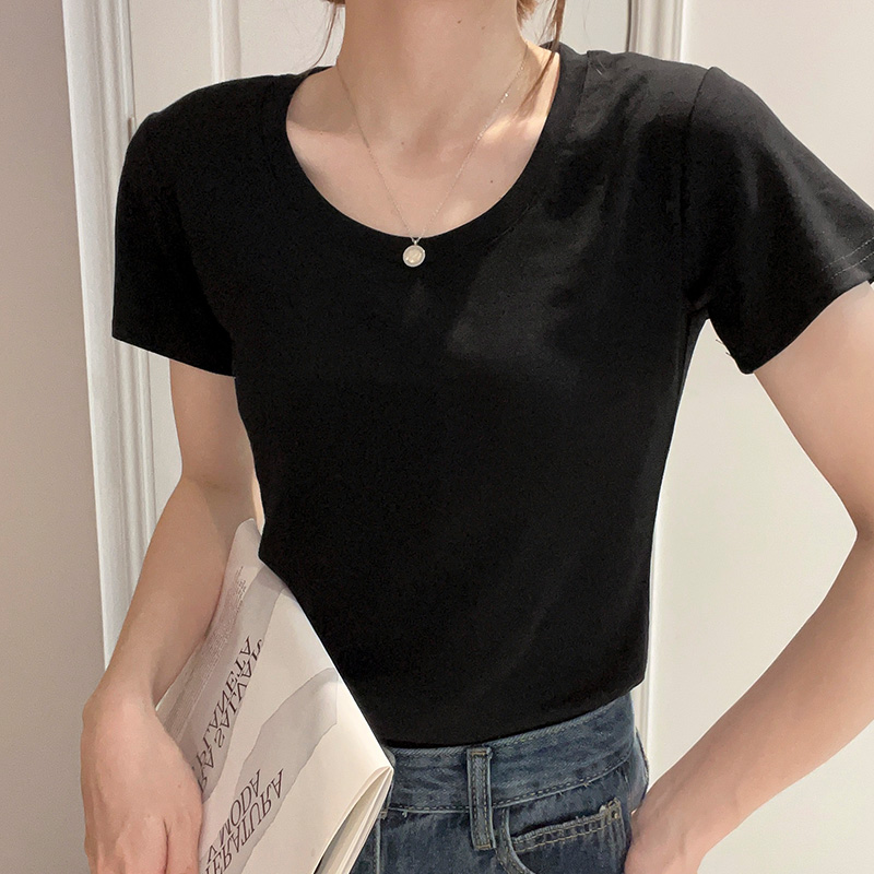 簡約纯棉修身低圆领正肩短款T恤