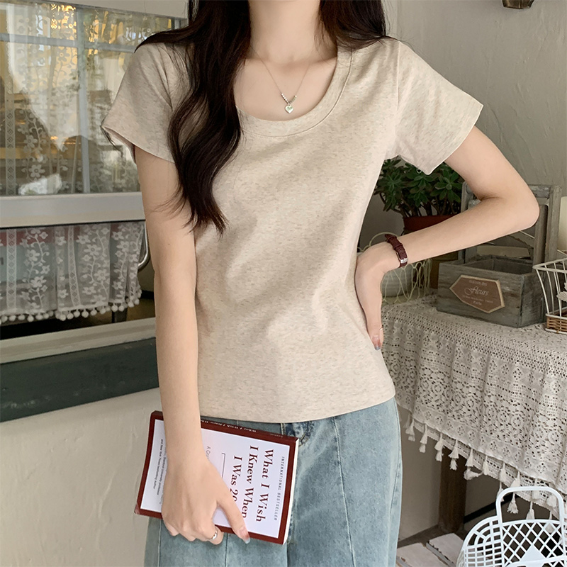 簡約纯棉修身低圆领正肩短款T恤