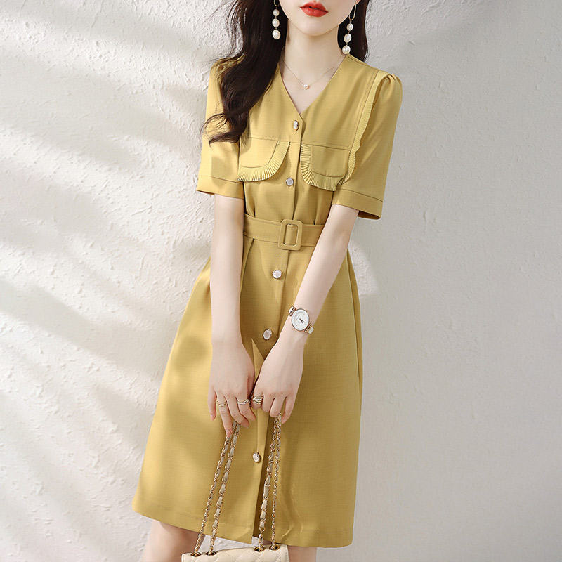 小香風百褶蕾絲收腰顯瘦洋裝（附腰帶）