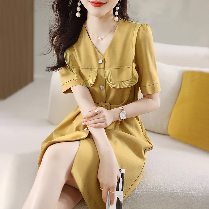 小香風百褶蕾絲收腰顯瘦洋裝（附腰帶）