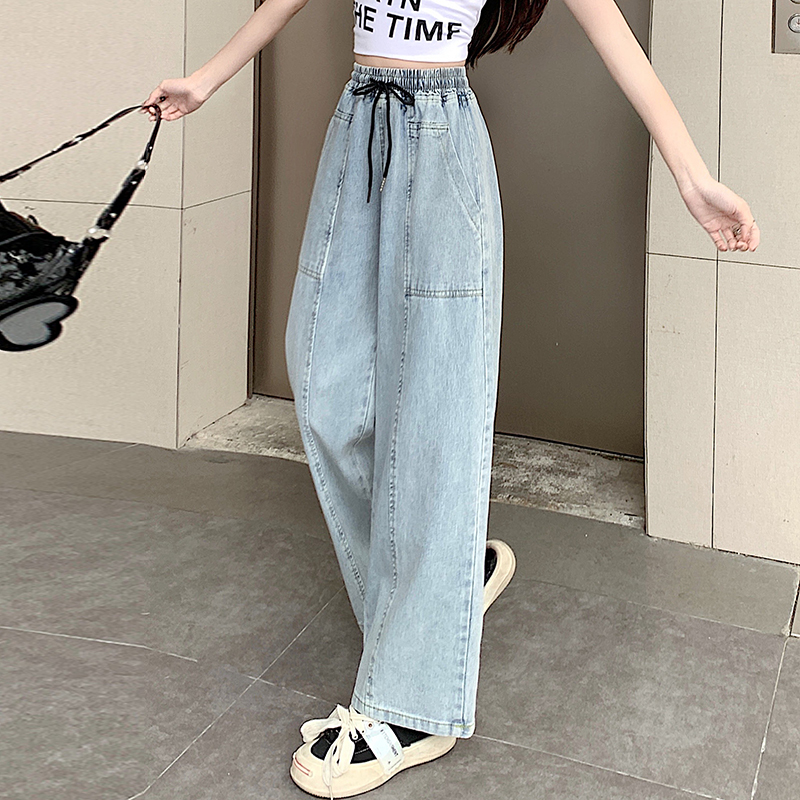 百搭高腰顯瘦直筒抽繩寬褲牛仔褲