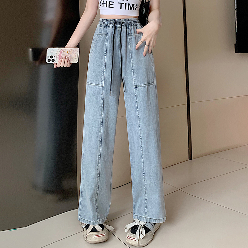 百搭高腰顯瘦直筒抽繩寬褲牛仔褲