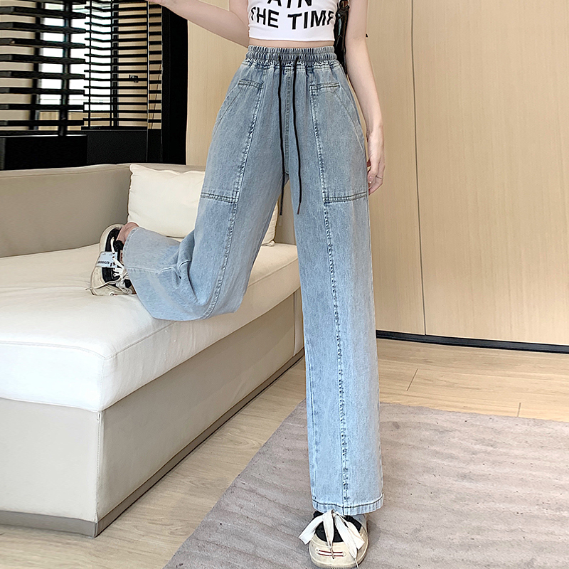 百搭高腰顯瘦直筒抽繩寬褲牛仔褲