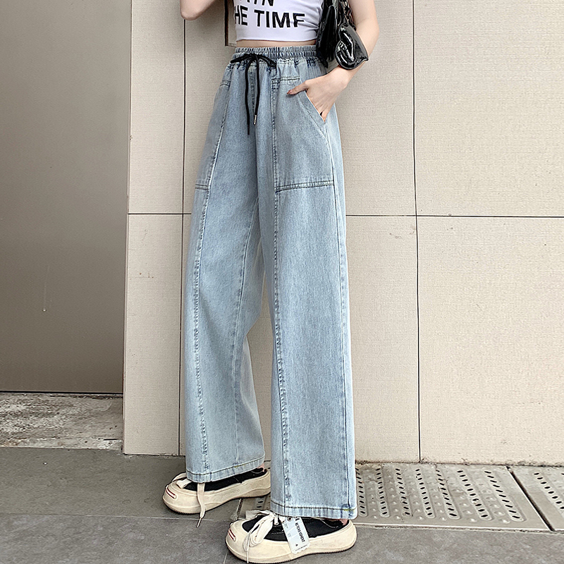 百搭高腰顯瘦直筒抽繩寬褲牛仔褲