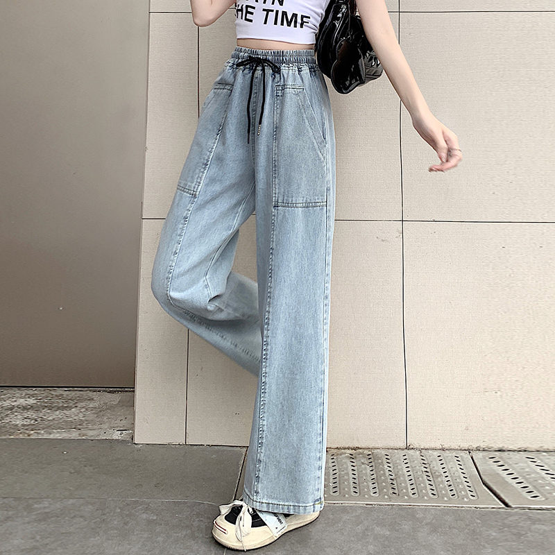 百搭高腰顯瘦直筒抽繩寬褲牛仔褲