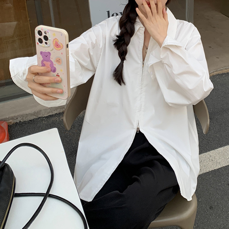 韓系寬鬆後背開叉雙拉鏈襯衫