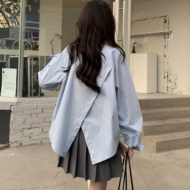 韓系寬鬆後背開叉雙拉鏈襯衫
