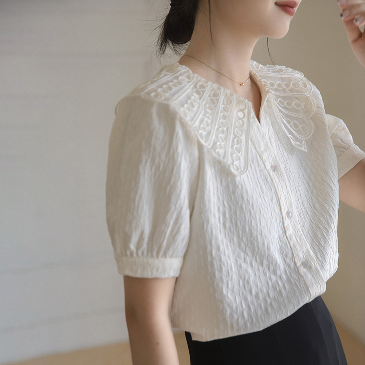 夏季娃娃領法式蕾絲短袖襯衫