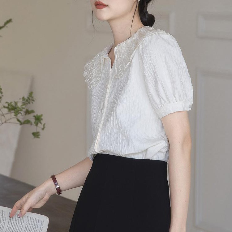夏季娃娃領法式蕾絲短袖襯衫