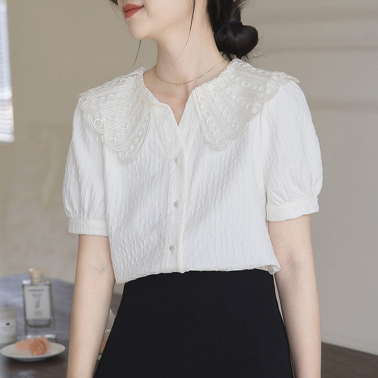 夏季娃娃領法式蕾絲短袖襯衫