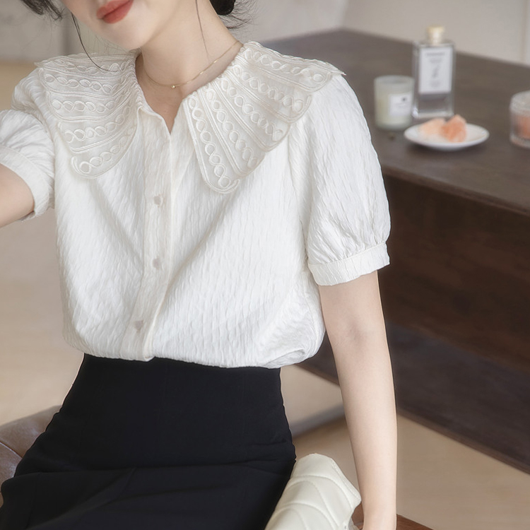 夏季娃娃領法式蕾絲短袖襯衫