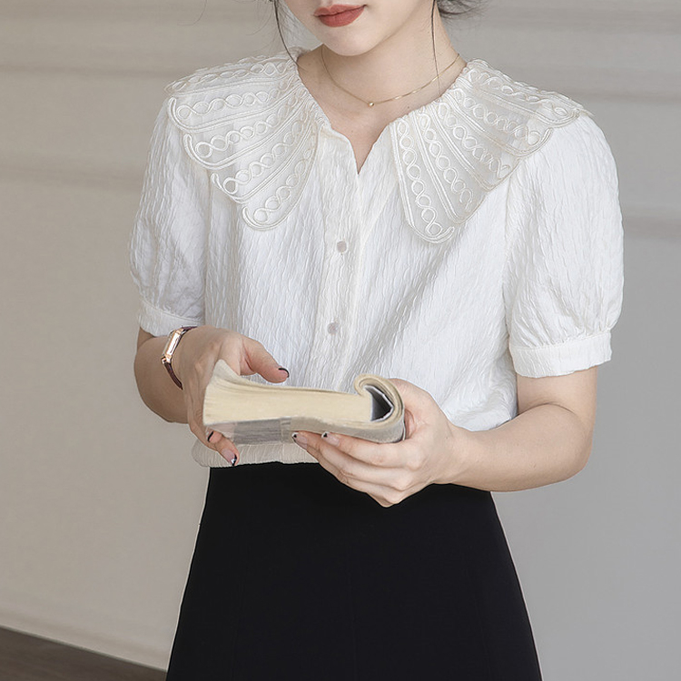 夏季娃娃領法式蕾絲短袖襯衫