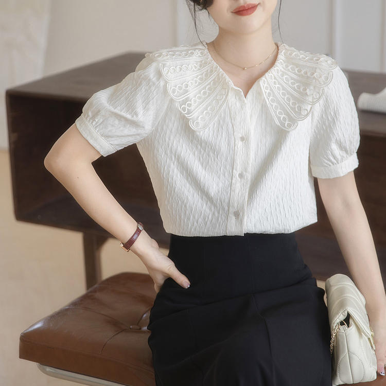 夏季娃娃領法式蕾絲短袖襯衫