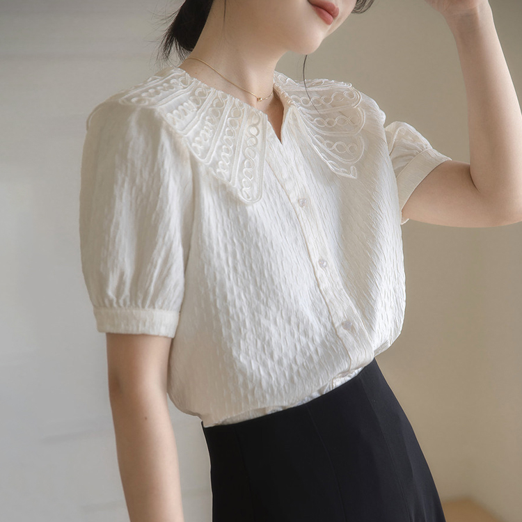 夏季娃娃領法式蕾絲短袖襯衫