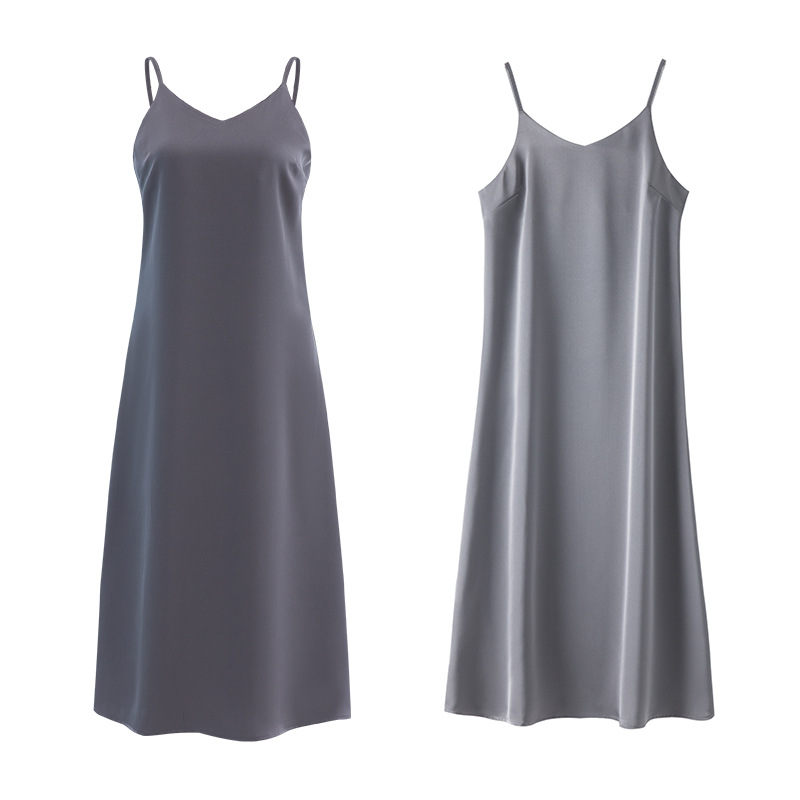 春夏V領冰絲三醋酸氣質內搭連衣裙