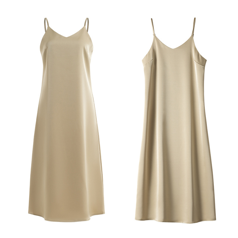 春夏V領冰絲三醋酸氣質內搭連衣裙