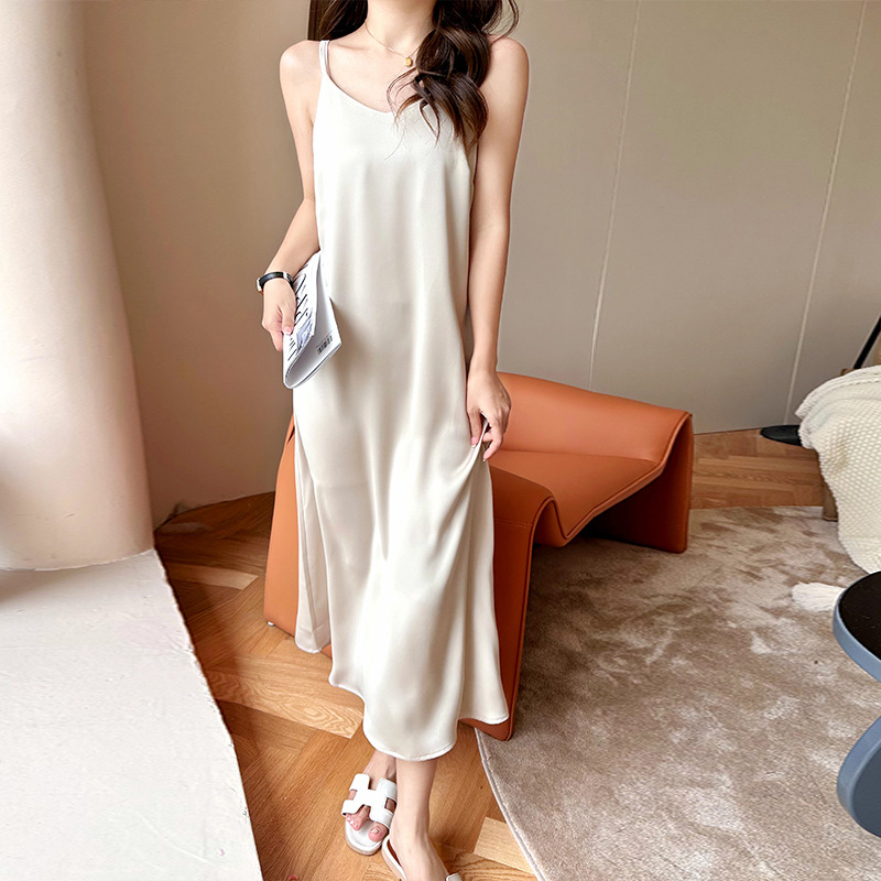 春夏V領冰絲三醋酸氣質內搭連衣裙