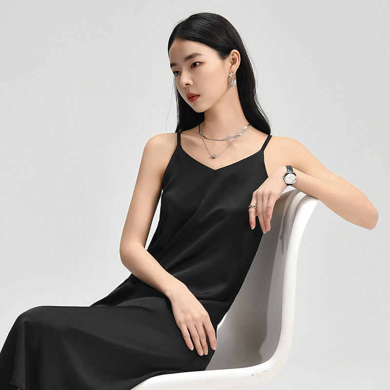 春夏V領冰絲三醋酸氣質內搭連衣裙