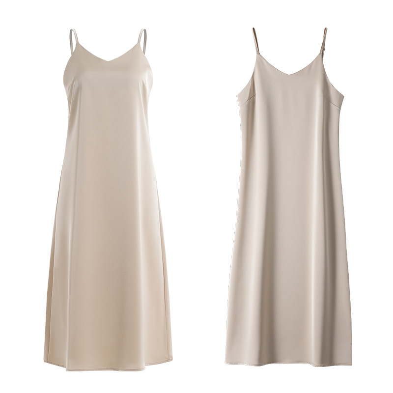 春夏V領冰絲三醋酸氣質內搭連衣裙