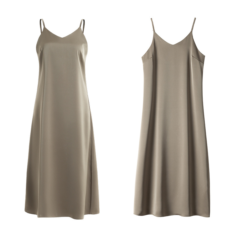 春夏V領冰絲三醋酸氣質內搭連衣裙