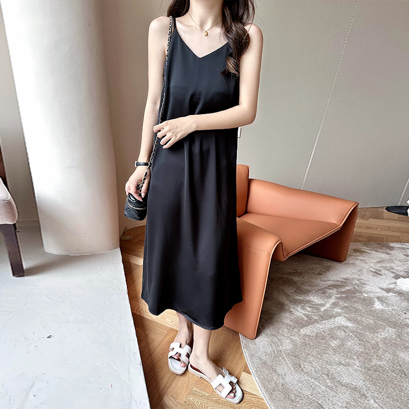春夏V領冰絲三醋酸氣質內搭連衣裙