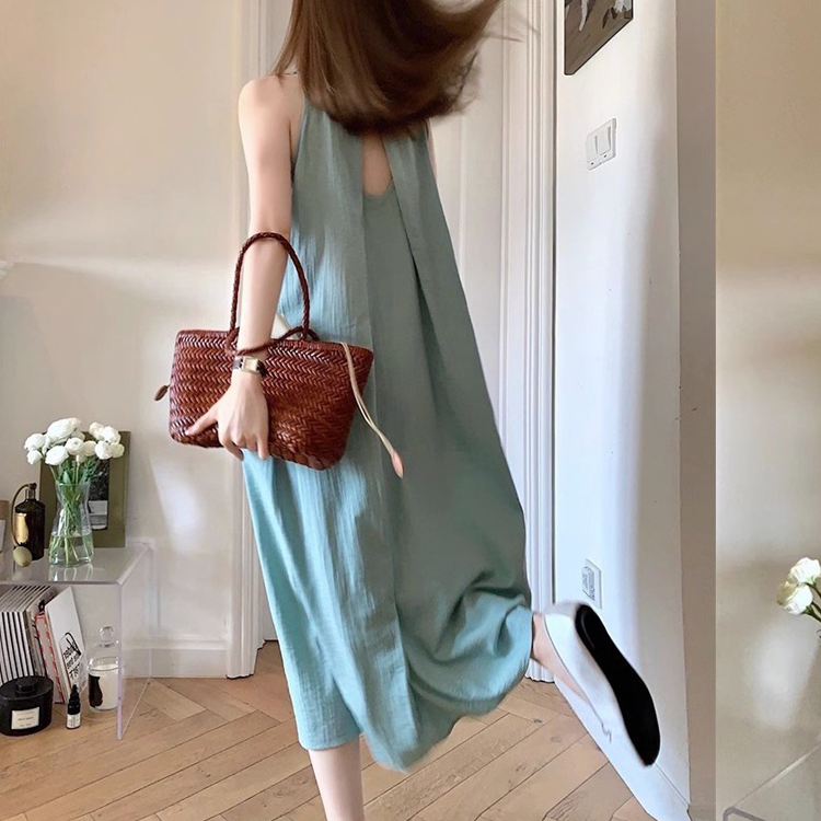 日韓露背百褶無袖連衣裙