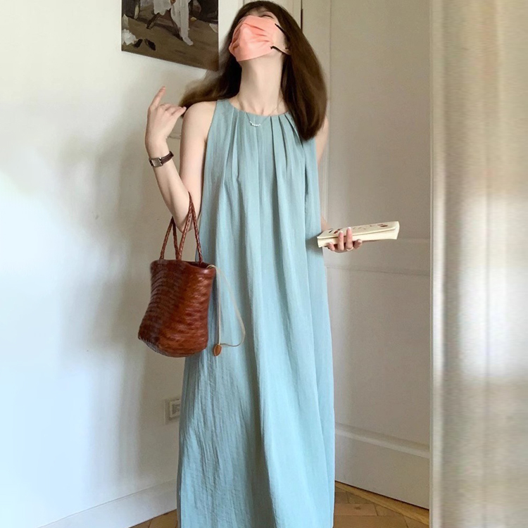 日韓露背百褶無袖連衣裙