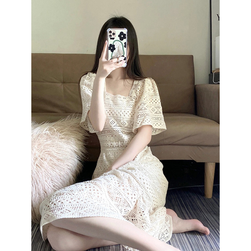 夏季法式鏤空蕾絲方領連衣裙（送裹胸）