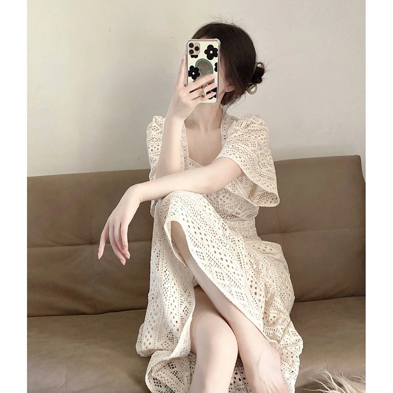 夏季法式鏤空蕾絲方領連衣裙（送裹胸）