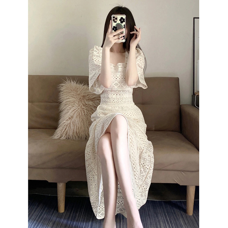 夏季法式鏤空蕾絲方領連衣裙（送裹胸）