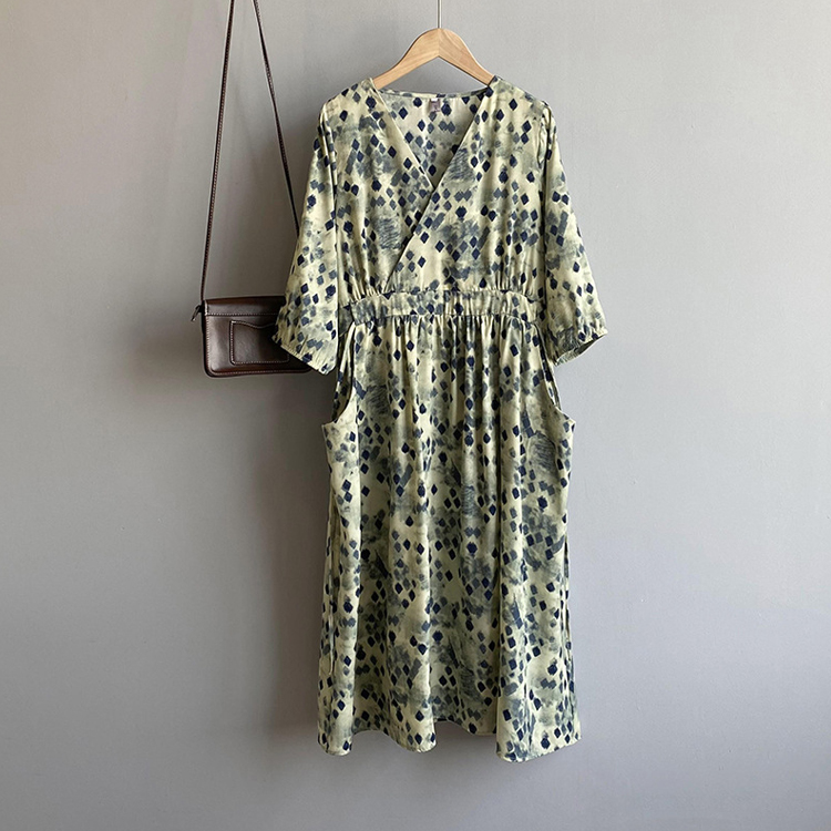 夏季V領綁帶中袖菱格連衣裙