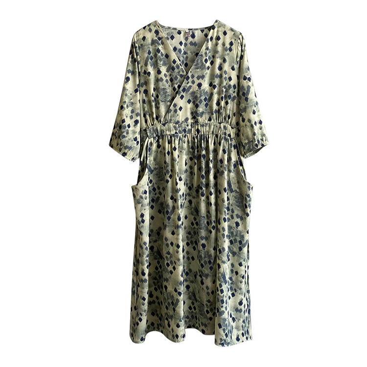 夏季V領綁帶中袖菱格連衣裙