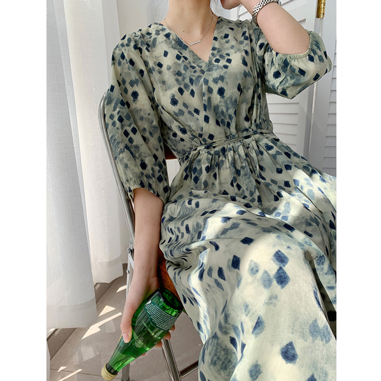 夏季V領綁帶中袖菱格連衣裙